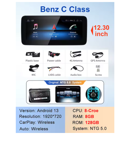 12.3in Apple CarPlay & Android Auto Screen Upgrade for W205 C Class and X253/C253 GLC Class